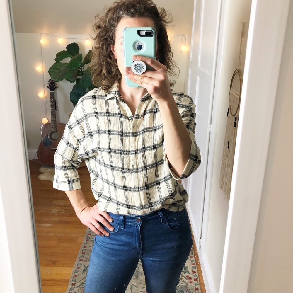 Zara Trafaluc Textured Plaid Abalone Button Up XS